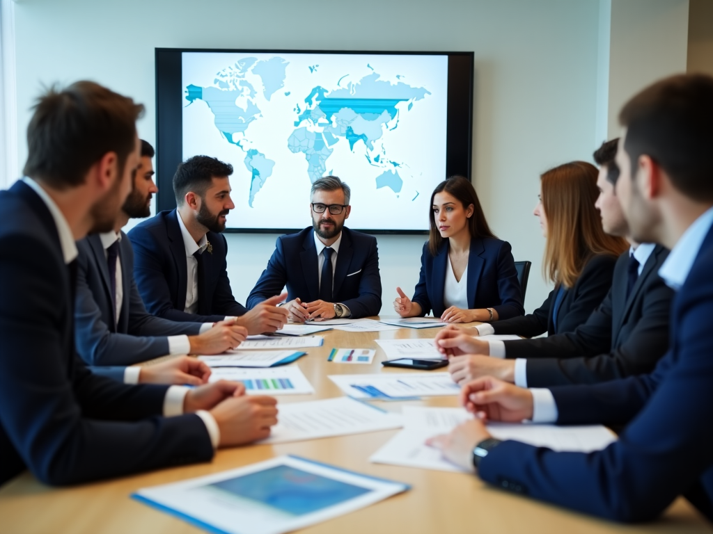 Professional business meeting with diverse executives discussing investment strategies around a conference table