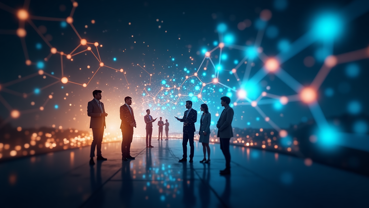 Abstract visualization of innovation concepts with digital elements and creative business professionals collaborating