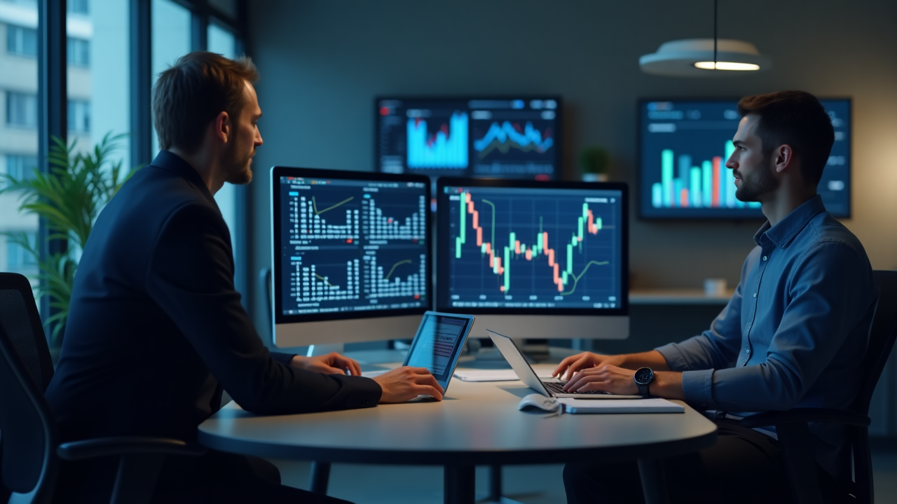 Financial professionals analyzing investment data on multiple screens with charts and graphs in a modern office environment
