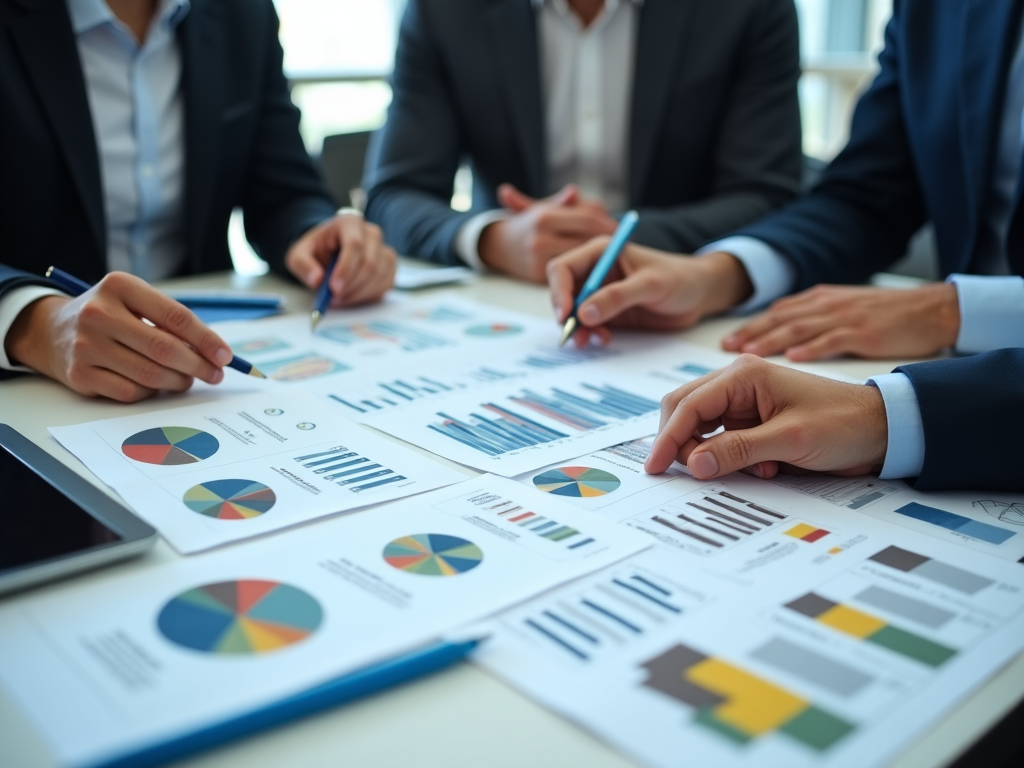 Investment professionals reviewing strategy documents with financial charts and portfolio analysis in a professional setting