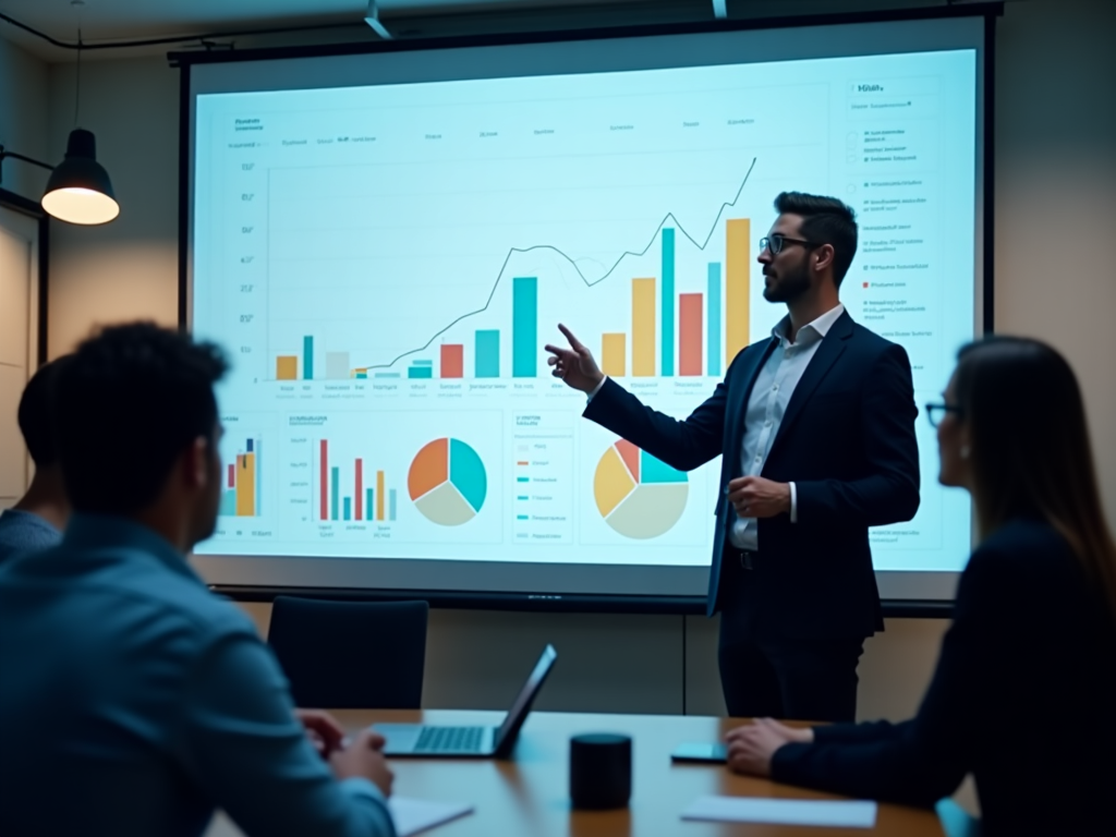 Business professional presenting market trend analysis on large screen with colorful data visualizations to attentive colleagues