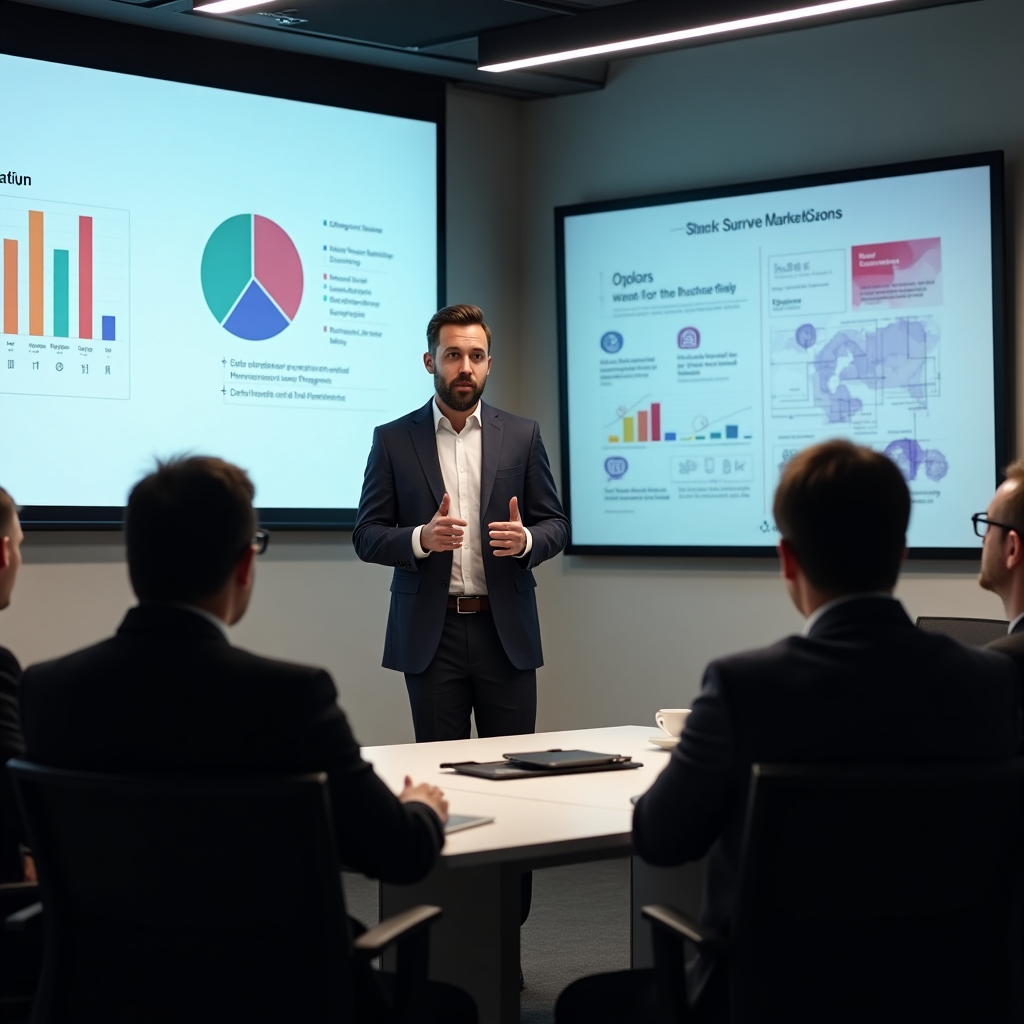 Entrepreneur giving a startup pitch presentation to attentive investors in a modern conference room with digital displays