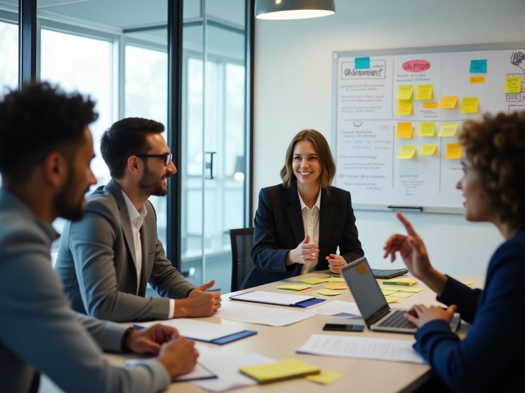 Diverse group of business professionals brainstorming investment strategies with sticky notes and digital tools in a bright office space
