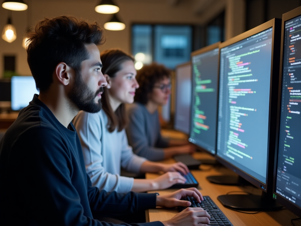 Young diverse team working in a technology startup environment with multiple computer screens showing code and development interfaces