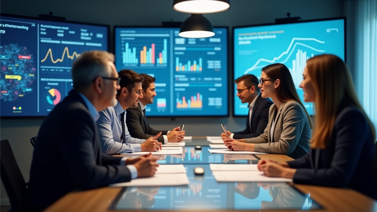 Venture capital investment concept with business professionals reviewing startup documentation in a modern office setting