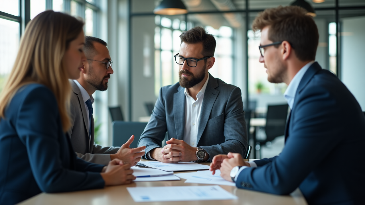 Professional venture partners in discussion analyzing investment opportunities in a modern office environment